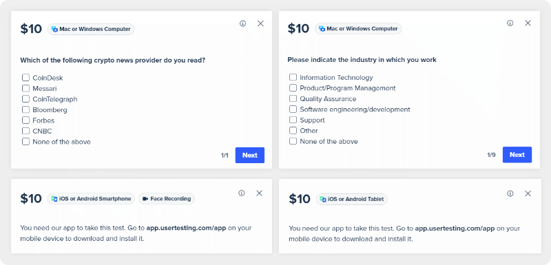 Examples of some $10 unmonitored tests on UserTesting.com