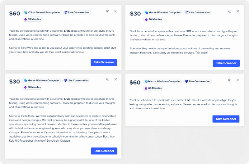 Examples of some live interview tests on UserTesting.com