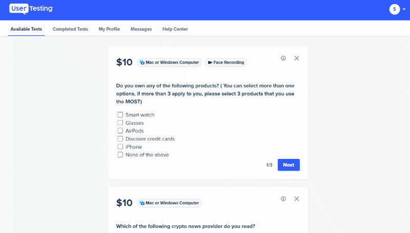 UserTesting contributor dashboard showing available tests