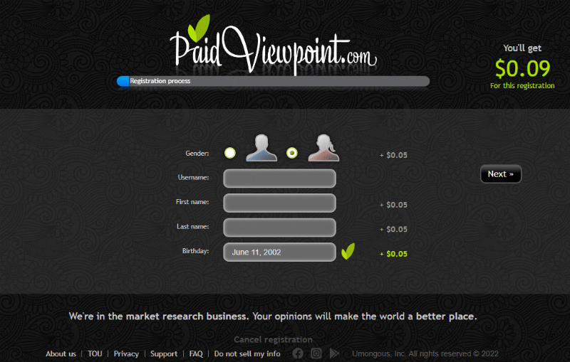 Registration page for PaidViewpoint