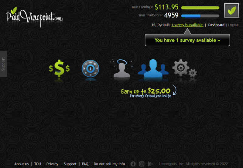PaidViewpoint member dashboard with an available survey