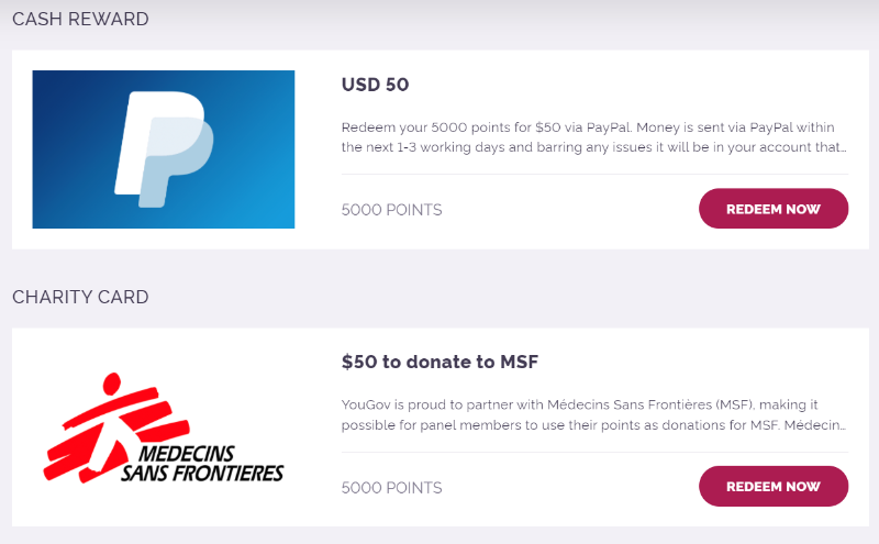 Example payout options on YouGov