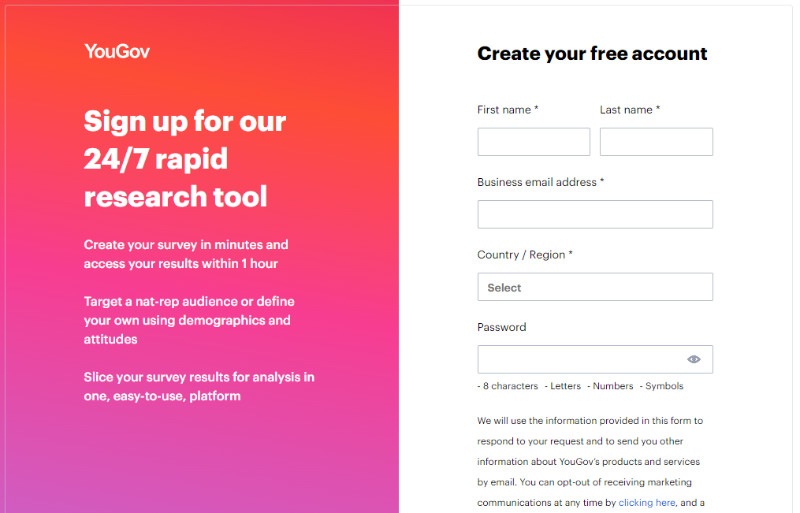 YouGov business sign up page