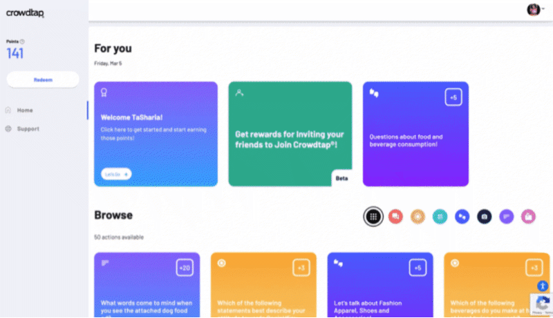 Crowdtap member dashboard showing available surveys and opportunities