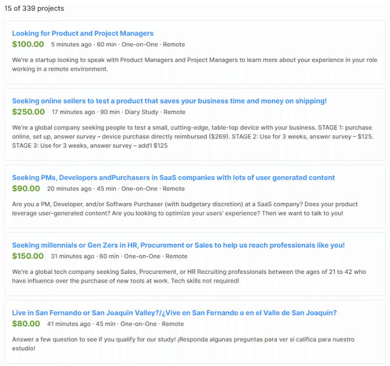 Example of available research projects seeking participants on Respondent