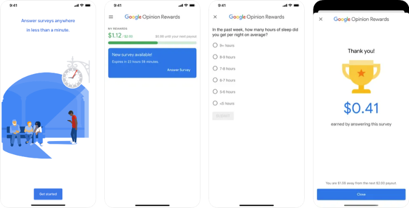 Screenshots from the Google Opinion Rewards app