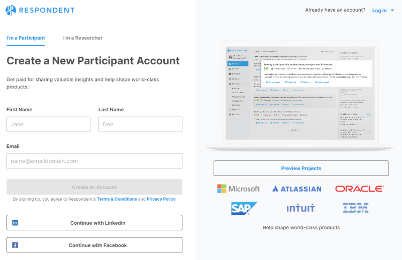 Respondent participant sign up page