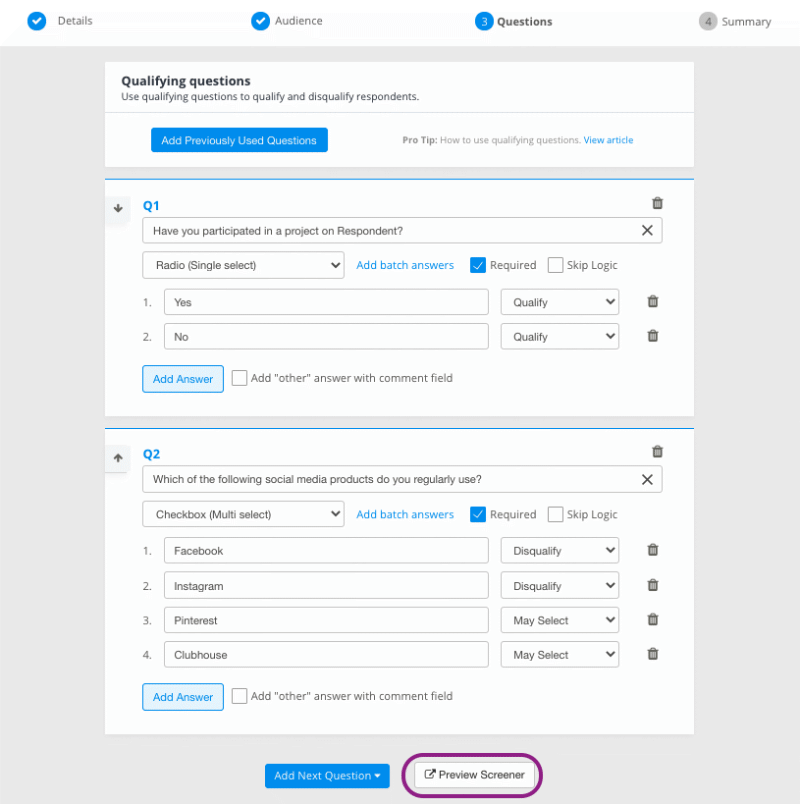 Setting up project qualification questions as a Respondent researcher
