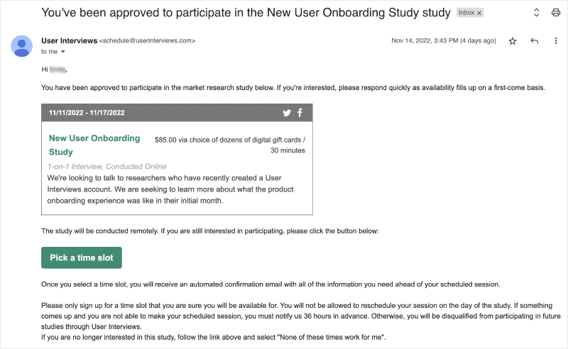 Approved for study email from User Interviews