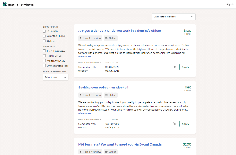 Browsing online paid studies on User Interviews
