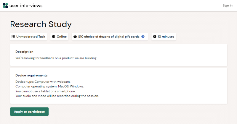 Example of a simple paid research study on User Interviews