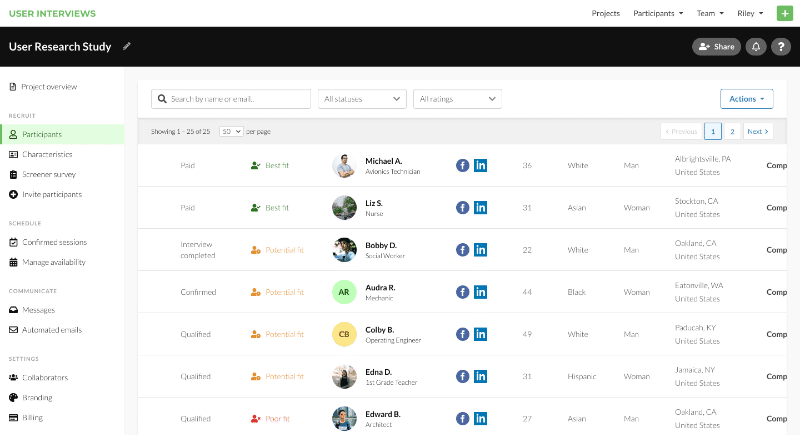 User Interviews project study dashboard for researchers