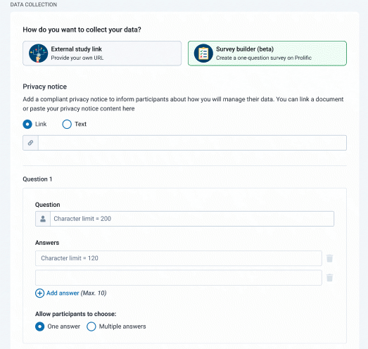 Creating a survey with the Prolific survey builder for researchers