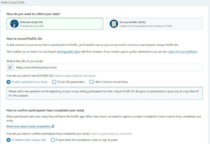 Creating an external survey on Prolific as a researcher