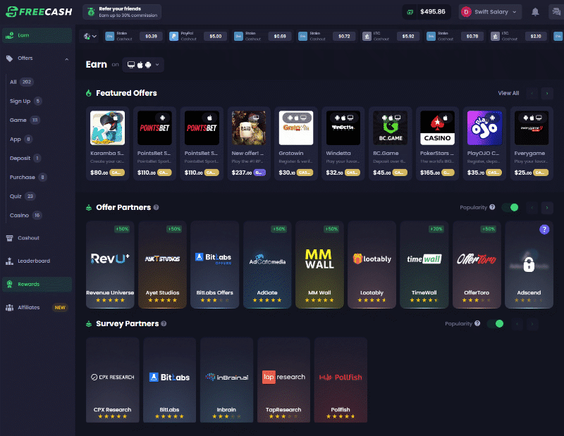 Freecash member dashboard