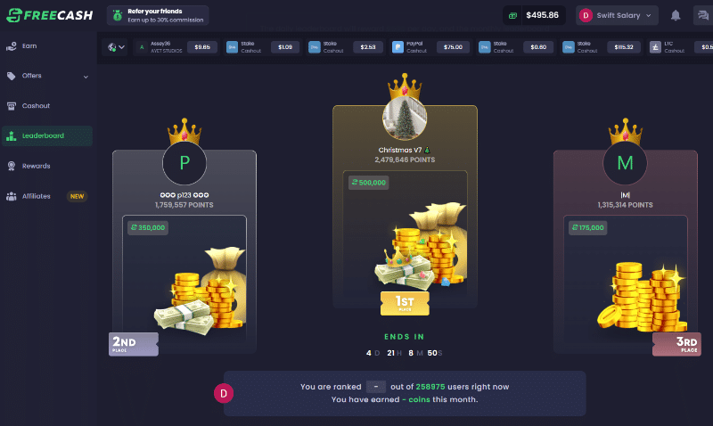 Monthly contest leaderboard on Freecash