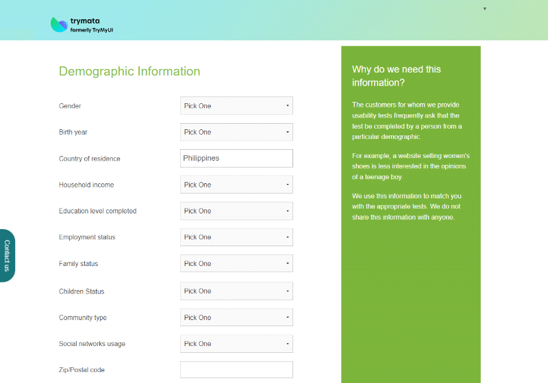 Required demographic info for Trymata testers