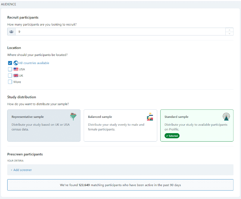 Selecting participant targeting preferences when creating a Prolfic study