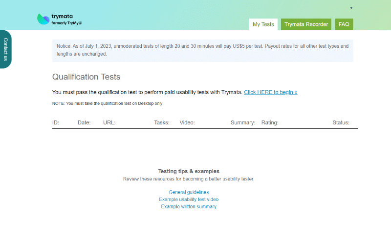 Trymata tester dashboard