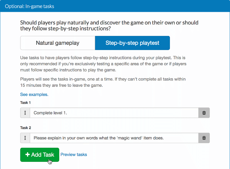 Setting up in game tester tasks for a PlaytestCloud playtest