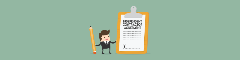 Cartoon business man holding a pencil next to big independent contractor agreement
