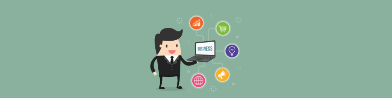 Cartoon man holding a laptop that says business on it with business icons around it