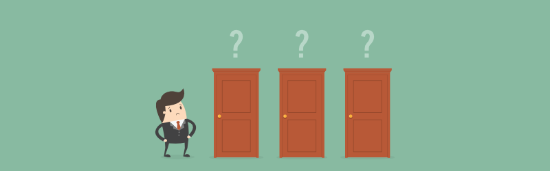 Animated business character unsure of which door to open