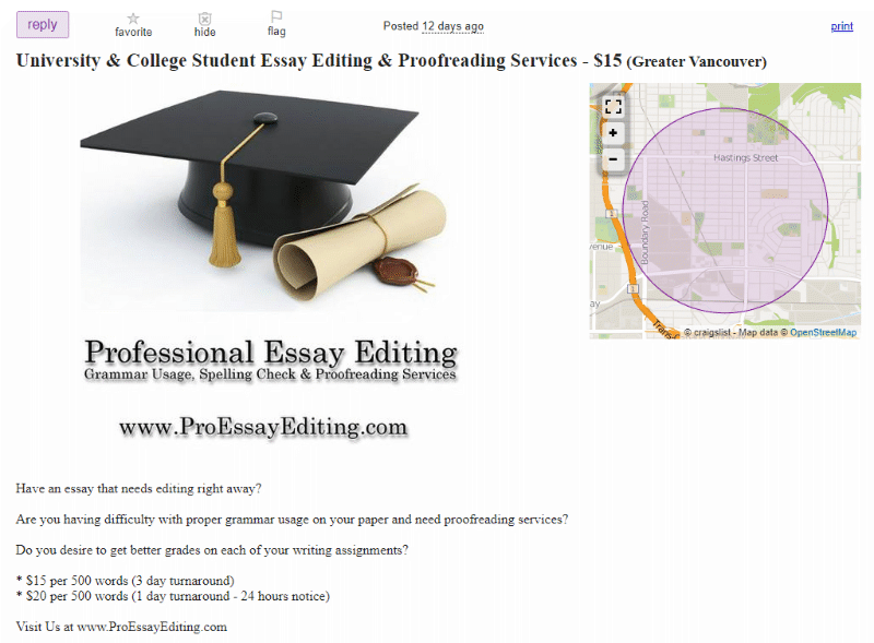 Craigslist proofreading and editing services ad