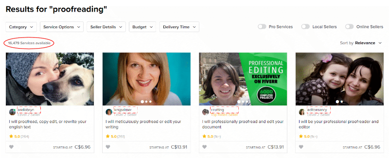 Fiverr proofreading search results