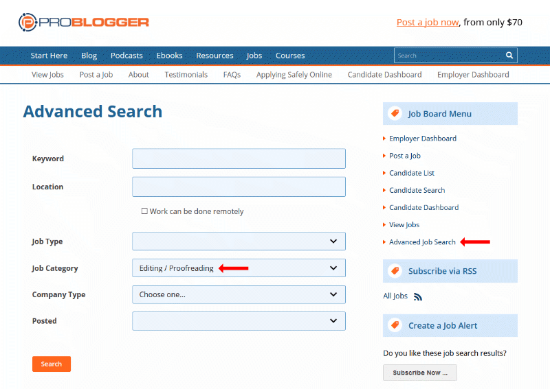 ProBlogger advanced search editing and proofreading jobs