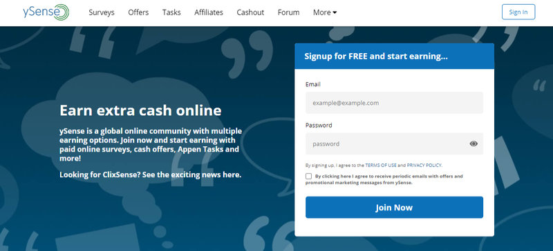 ySense website homepage