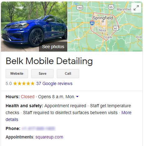Belk Mobile Detailing Google My Business listing