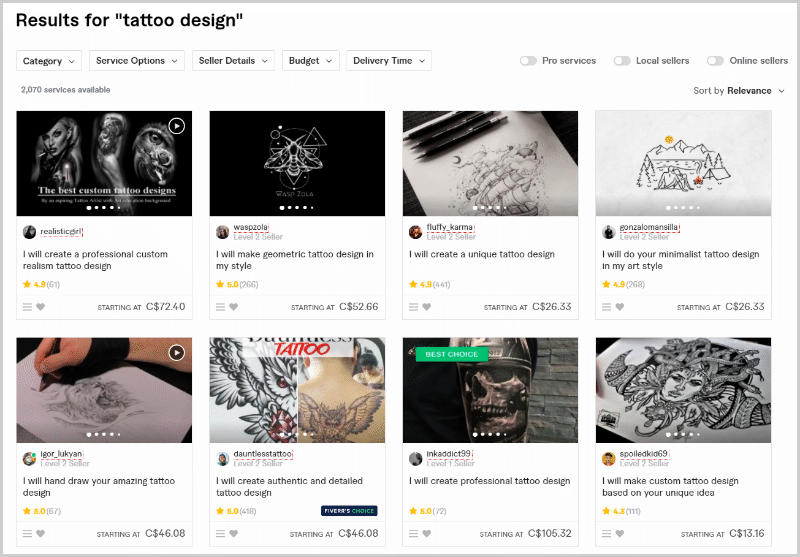 Results on Fiverr for "tattoo design"