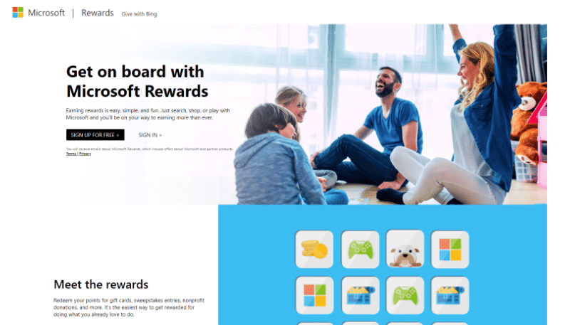Microsoft Rewards website homepage