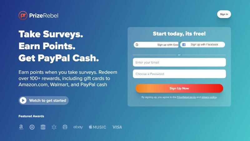 PrizeRebel website homepage