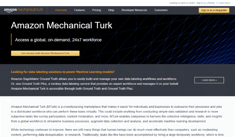 Amazon Mechanical Turk website homepage