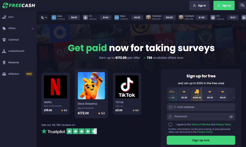 Freecash website homepage