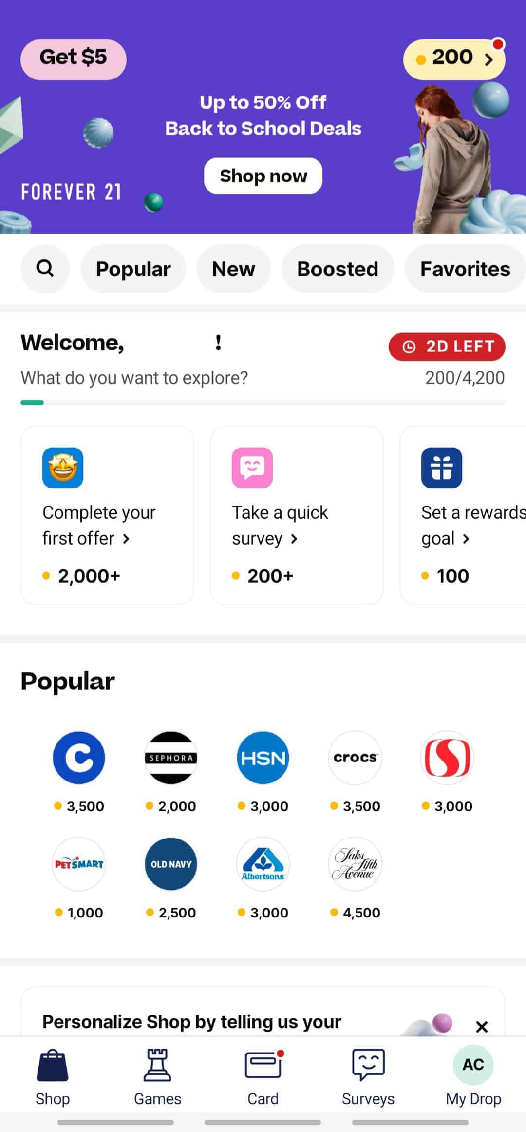 Shop page on the Drop app