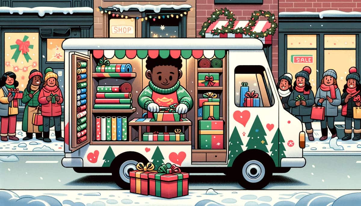 cartoon person with a mobile gift wrapping station