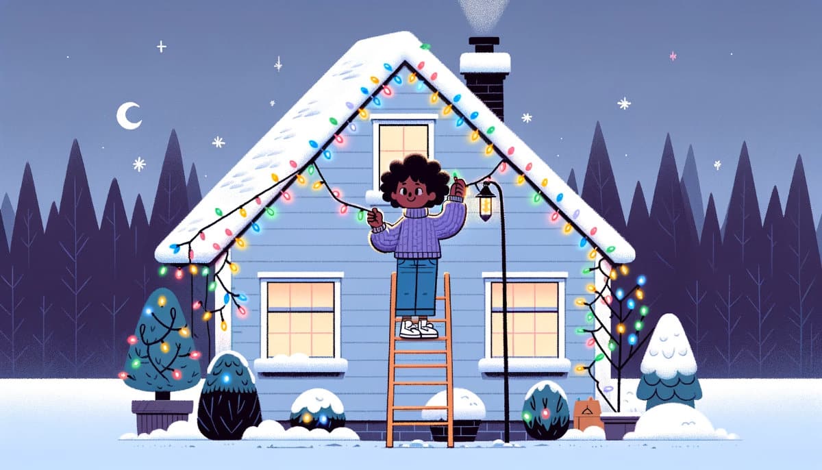 simple cartoon girl hanging christmas lights