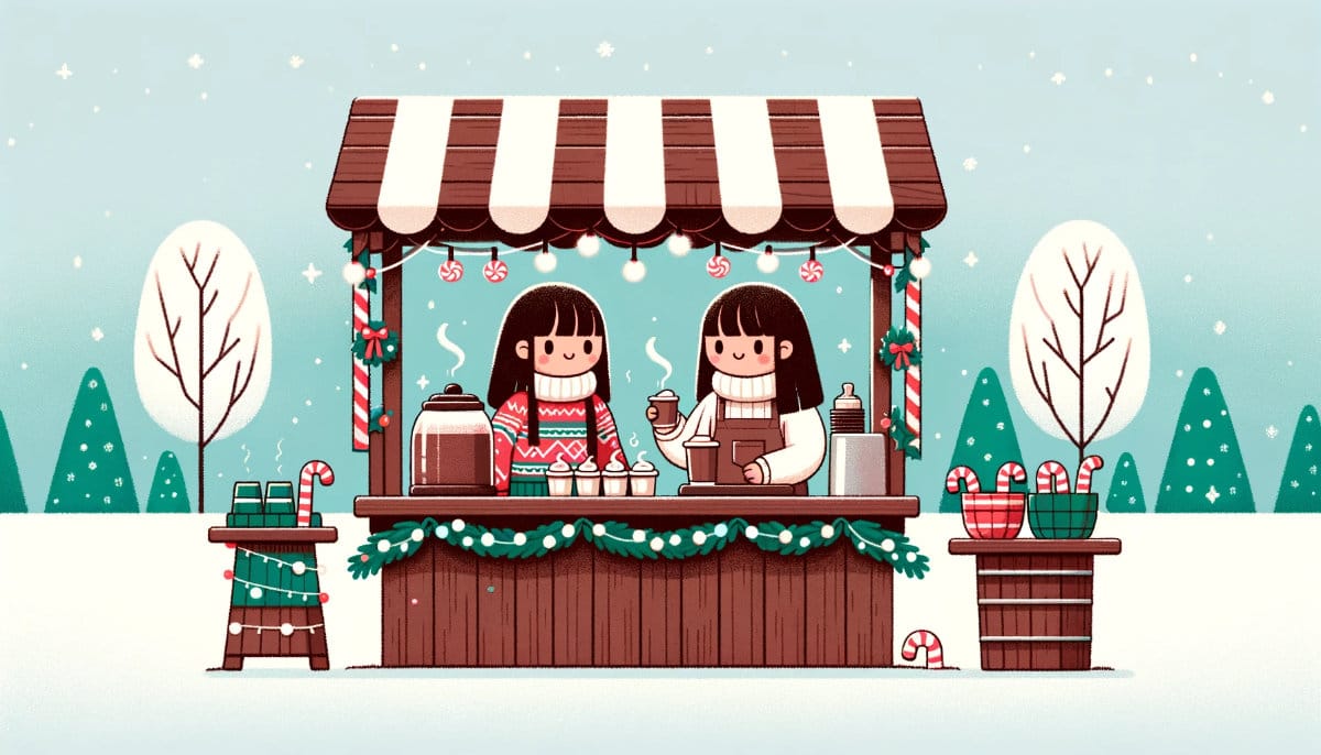simple cartoon girls running a hot chocolate stand