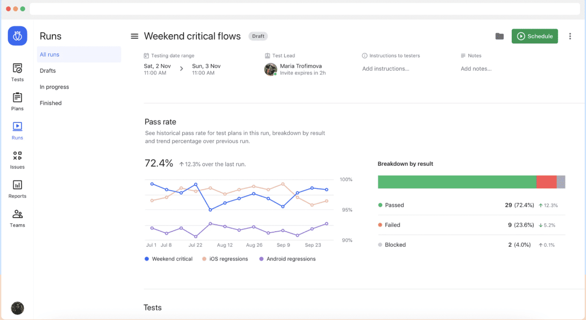 Testlio client test runs dashboard