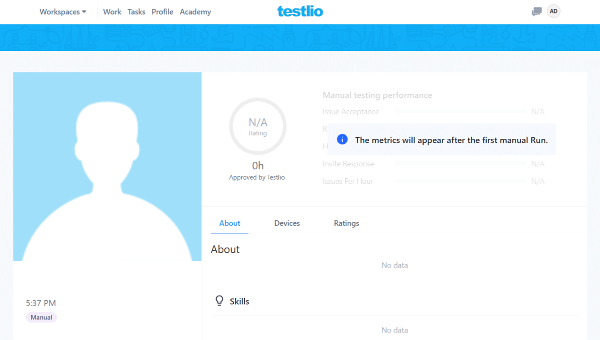 Testlio tester profile page