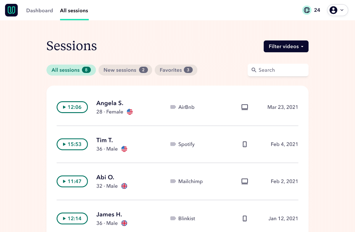 Userbrain customer test sessions dashboard